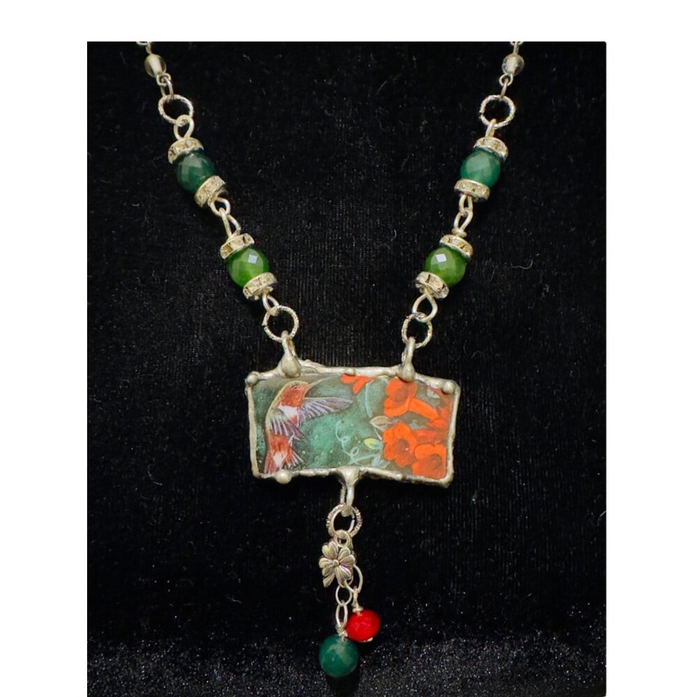 Lena Liu Hummingbird Broken China Pendant Silver-Blend Metalwork Quartz Necklace - Picture 6 of 10
